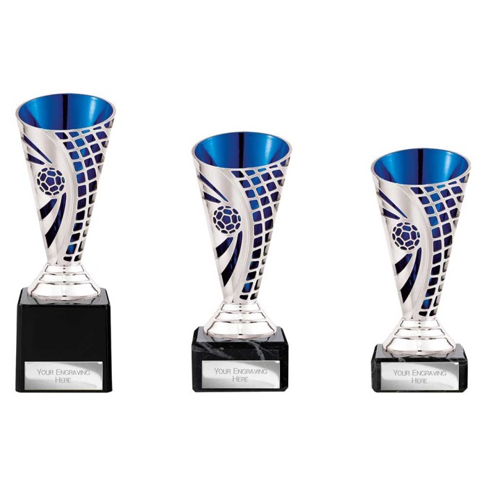DEFENDER SILVER / BLUE PLASTIC BUDGET FOOTBALL CUPS  - AVAILABLE IN 3 SIZES (14CM - 17CM)